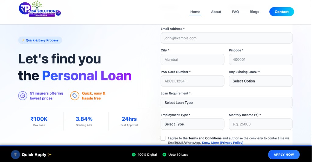 Paisa Solutions — Homepage Loan Hero